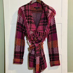 Joseph A. Women’s Small Plaid Fringe Wrap Cardigan Sweater Belted Shawl Collar